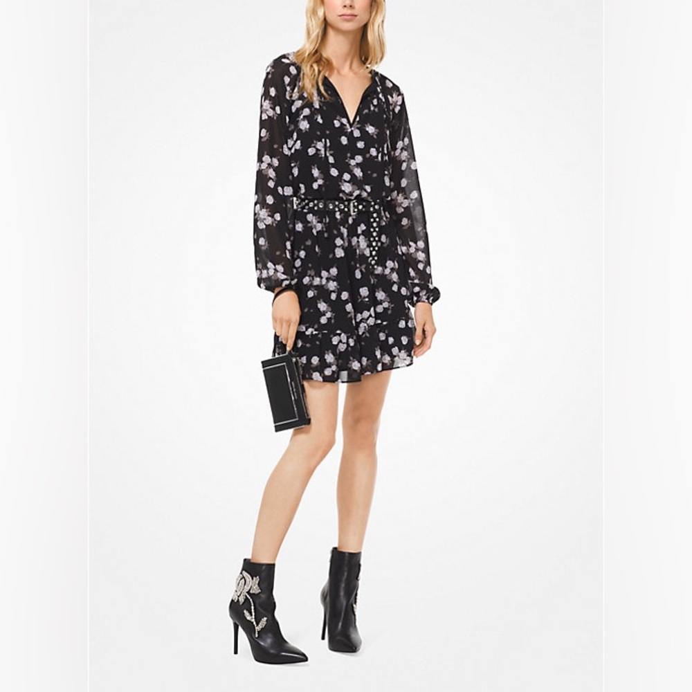 Michael Kors Rose Georgette Tie-Neck Dress - black gray floral